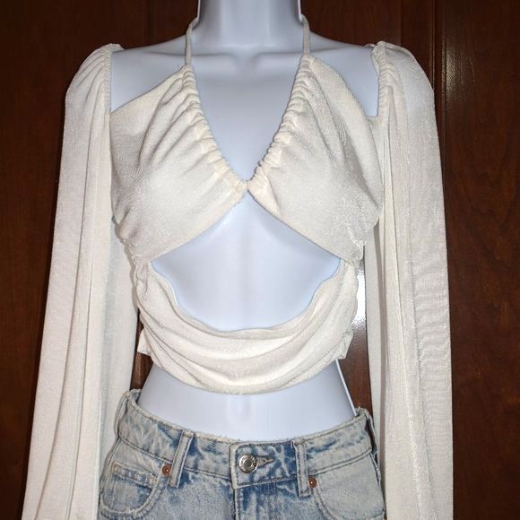Gab & Kate White Off Shoulder Blouse Medium Tie Front Sexy V Neck Top - Picture 3 of 12